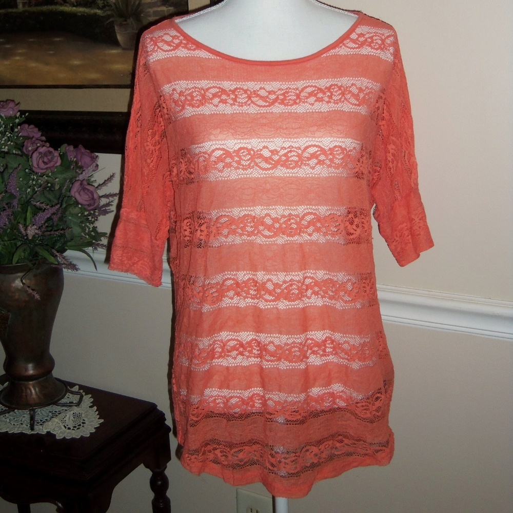 Forever 21 orange coral lace top tunic blouse M